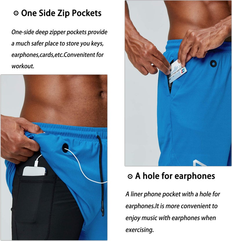 Pinkbomb Men's 2 in 1 Running Shorts Gym Workout Quick Dry Mens Shorts with Phone Pocket (Light Blue, Large - Image 3